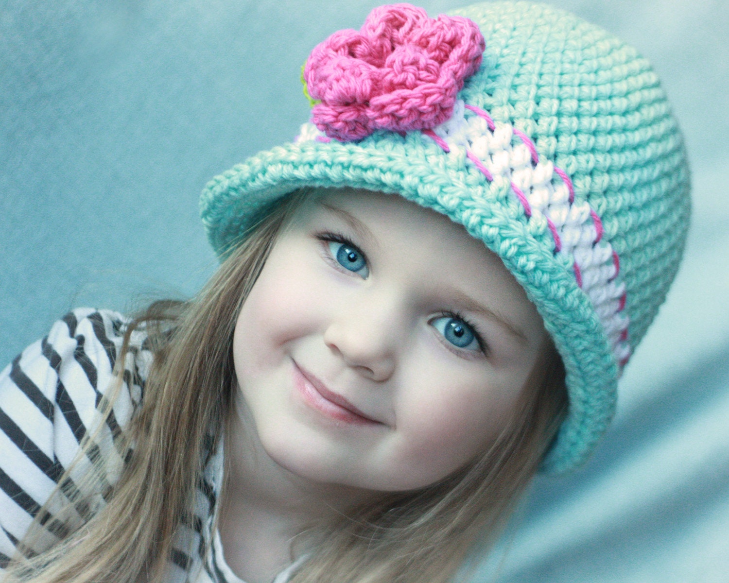 Spring Hat - Robin's Egg Blue with White stripe and Pink Flower -  Size 2-4T
