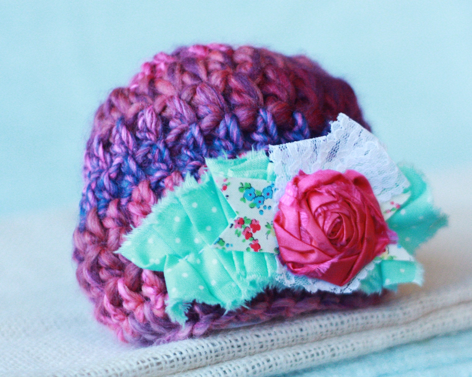 Photo Prop Hat for Baby Girl - Pink, Purple, Magenta Colored with Pink Rose and Ruffle
