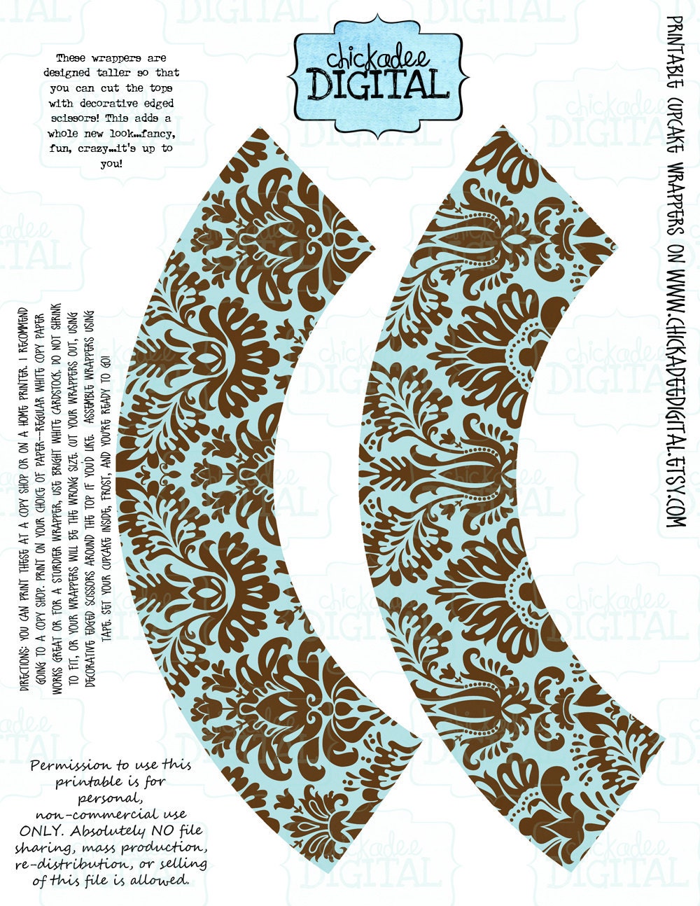 Instant Download Light Blue and Brown Damask Cupcake Wrappers....Printable