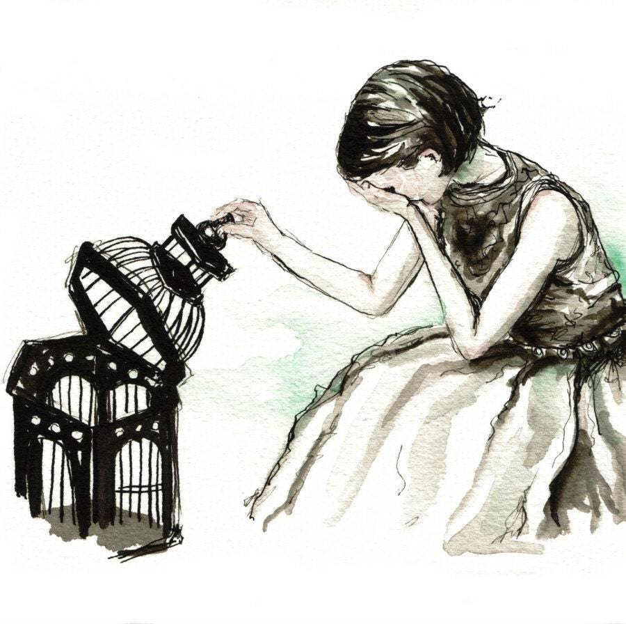 FLOWN--signed Print of an Original Ink and Watercolor Painting--PalePreoccupation