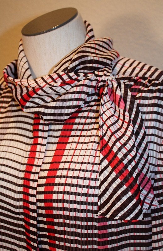 1980s Tie Blouse in Red, Black, Fuchsia and White Plaid Vintage Retro Office Secretary Teacher
