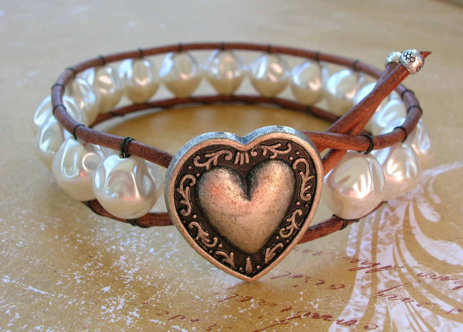 Romantic leather wrap bracelet, Bridesmaid gift, Boho, bohemian jewelry vintage baroque pearls, shabby country chic, Thai silver, heart