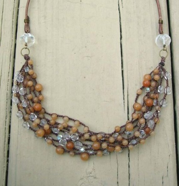 Bohemian crochet necklace, Leather and gemstones, Boho crochet jewelry, statement necklace rustic earthy orange, multistrand, cowgirl chic