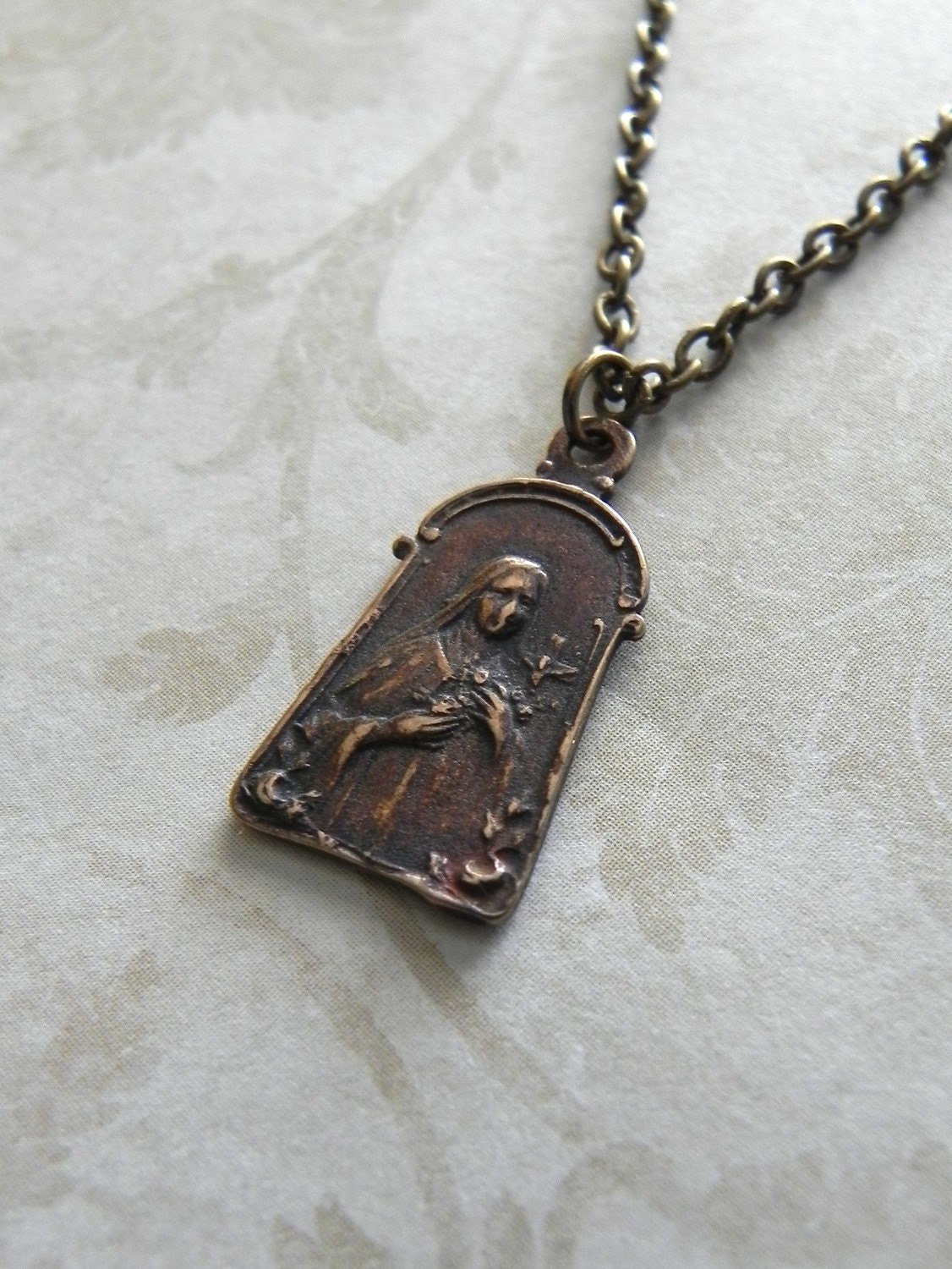 St. Therese Religious Medal Necklace in Antique Bronze