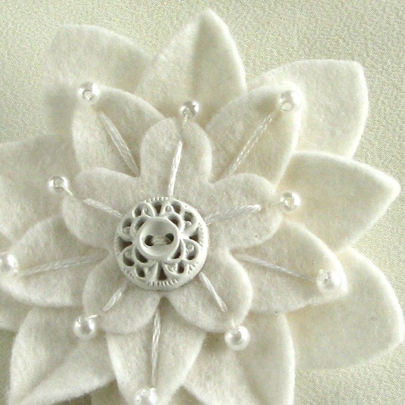 White on White Felt Flower Pin with Vintage White Button and Pearls and Hand Embroidery