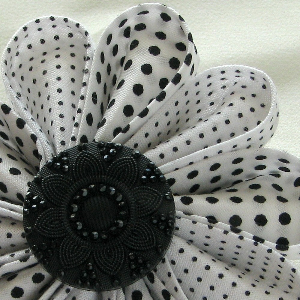 Large White Retro Flower Pin with Black Polka Dots and Fancy Black Button