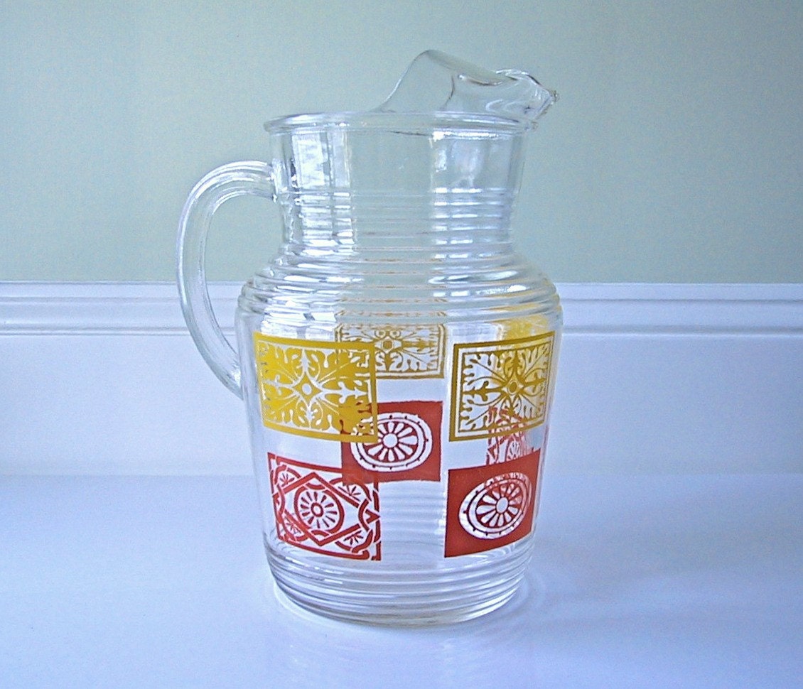 Vintage Glass Lemonade Pitcher, 1970s Orange, Yellow