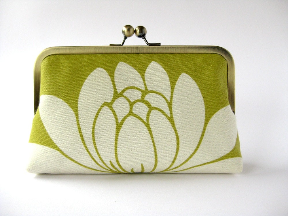 Chartreuse Lotus in silk lining floral clutch purse by Bag Noir, Bridesmaid clutch, Weddings bride formal clutch purse
