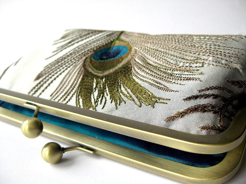 Gray Silver Silk Embroidered Peacock Clutch Purse, Evening Clutch, Bridesmaid clutch, Weddings bride formal clutch purse