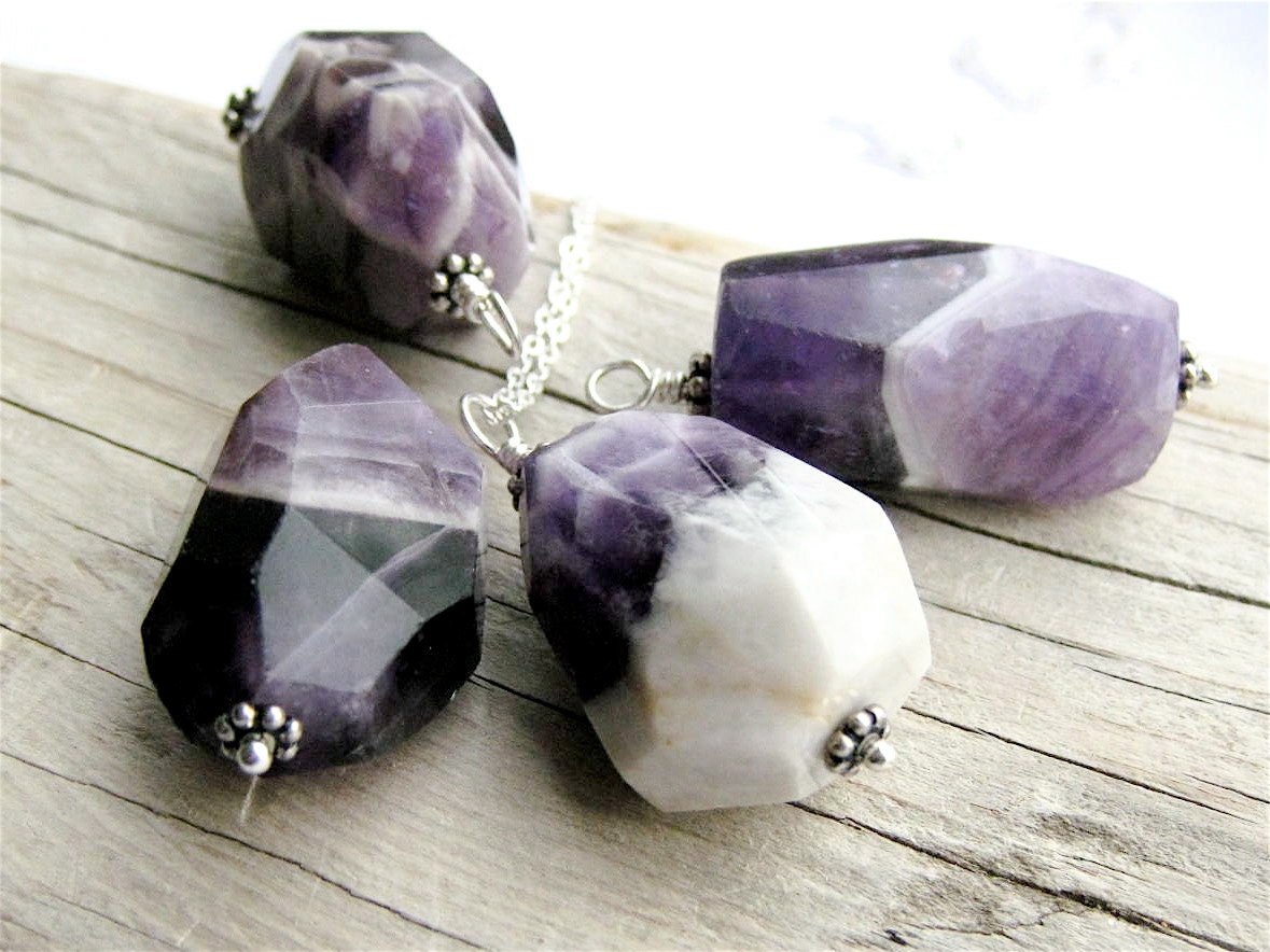 Faceted Purple Amethyst Pendant . Nugget on Sterling Silver Chain