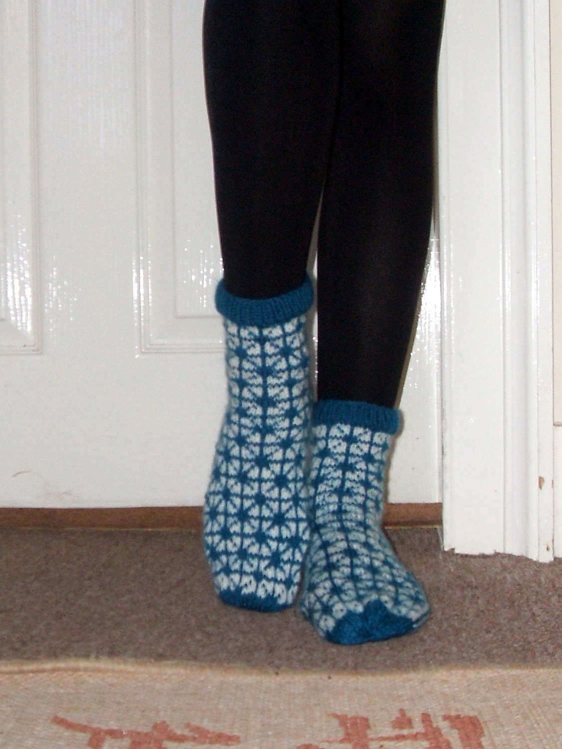 Hand-knitted Warm Blue White Winter Socks