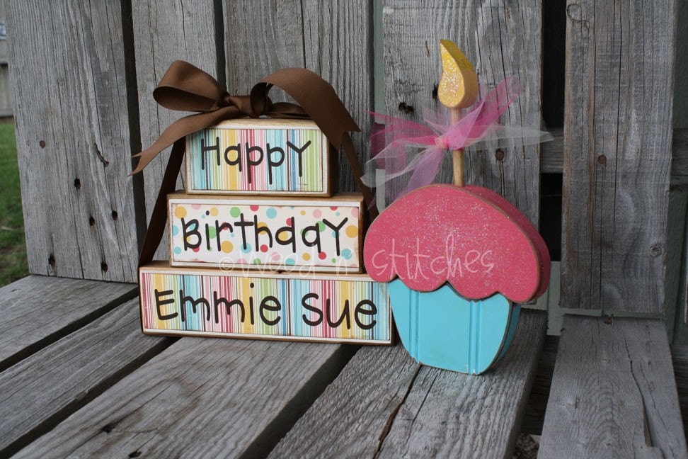 Personalized Birthday Wood Blocks . . . Happy Birthday Stacker with matching Cupcake . . . name gift primitive