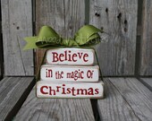 Christmas decor  blocks BELIEVE in the MAGIC Mini Stacker  Primitive wood block set winter snowflake personalized sign blocks