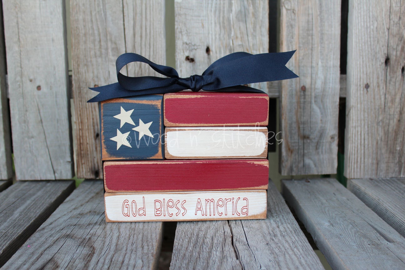 Americana Flag Block Wood Set independence summer flag military 4th of July America primitive country personalized