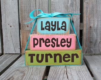 Personalized Name Wood Stacker block set wedding family nursery baby kids room birthday gift home decor primitive personalized block set