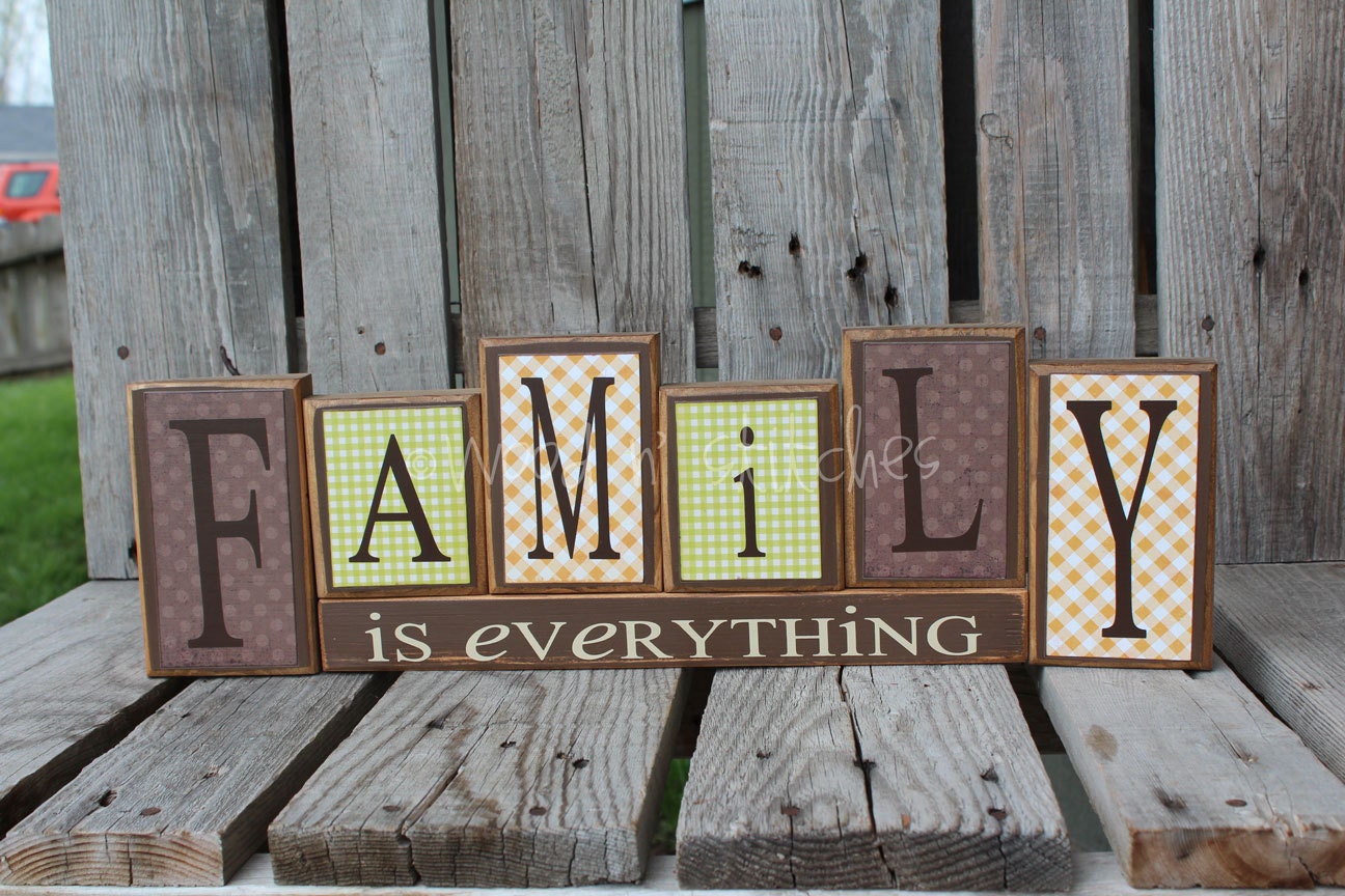 Family is everything Home Wood Block Set Gift Seasonal Wedding Birthday Personalized Unique Decor