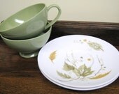 Melmac Melamine Texas Ware Vintage Tea Cup and Saucer, Avocado Green, Autumn Leaves