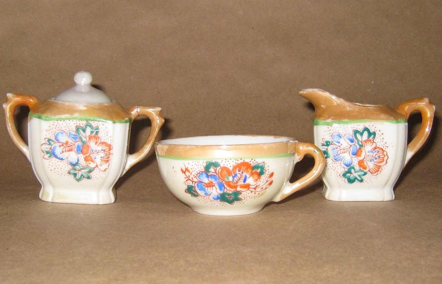 Vintage Child's Tea Set Creamer Sugar Tea Cup Miniature Porcelain Peach Lusterware Made in Japan