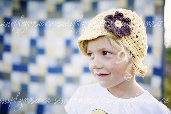 Crochet Toddler Hats, Yellow Crochet Hat for Girls, Newsboy Hat, Toddler Beanie Hat, Yellow, Brown, Cotton,  2T to 4T