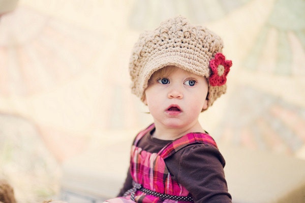 Little Girl Hat, Crochet Slouchy Hat, Toddler Crochet Hat, Girl's Newsboy Hat, Jute, Red, Cotton,  2T to 4T