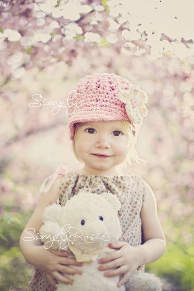 Crochet Hat for Toddler Girls, Newsboy Hat with Flower, Pink, Off White, Cotton, 2T to 4T - Kid's Fashion