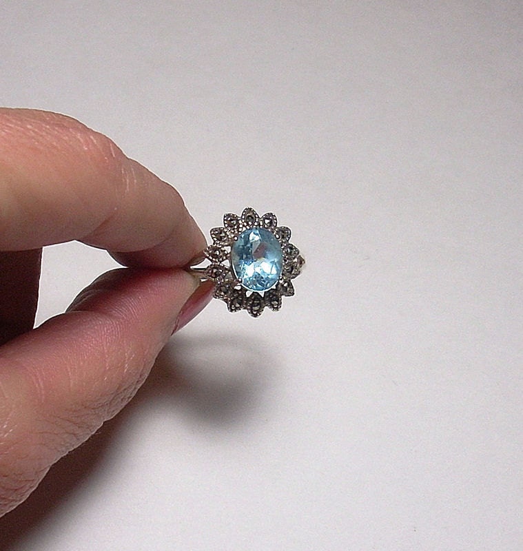 Vintage Artisan Genuine Blue Topaz and Marcasite Sterling Silver Ring