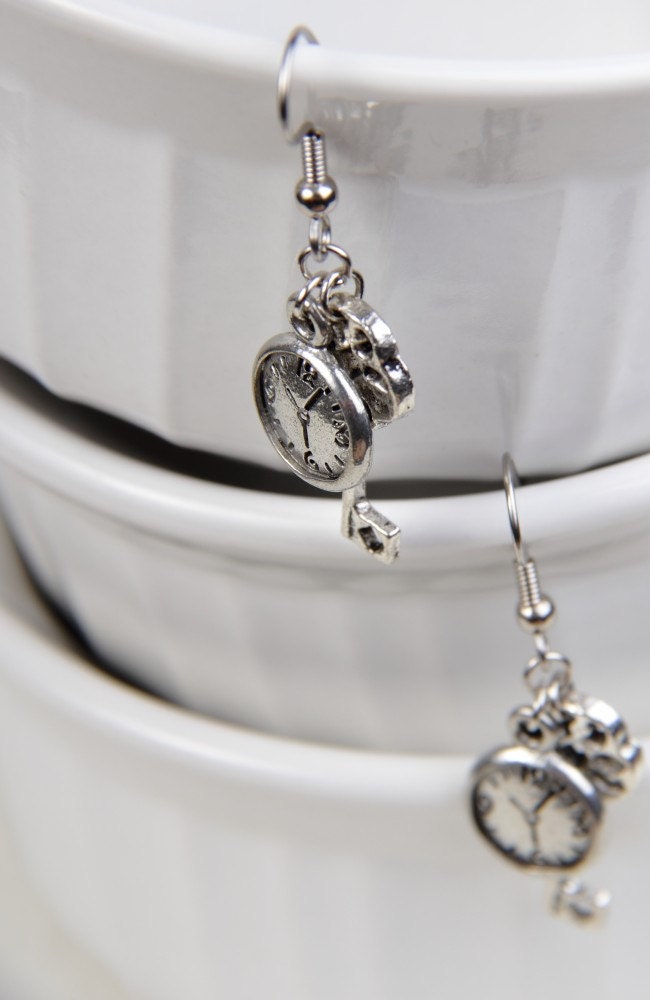 Key Clock Earrings Alice in Wonderland Inspired Steampunk in Silver
