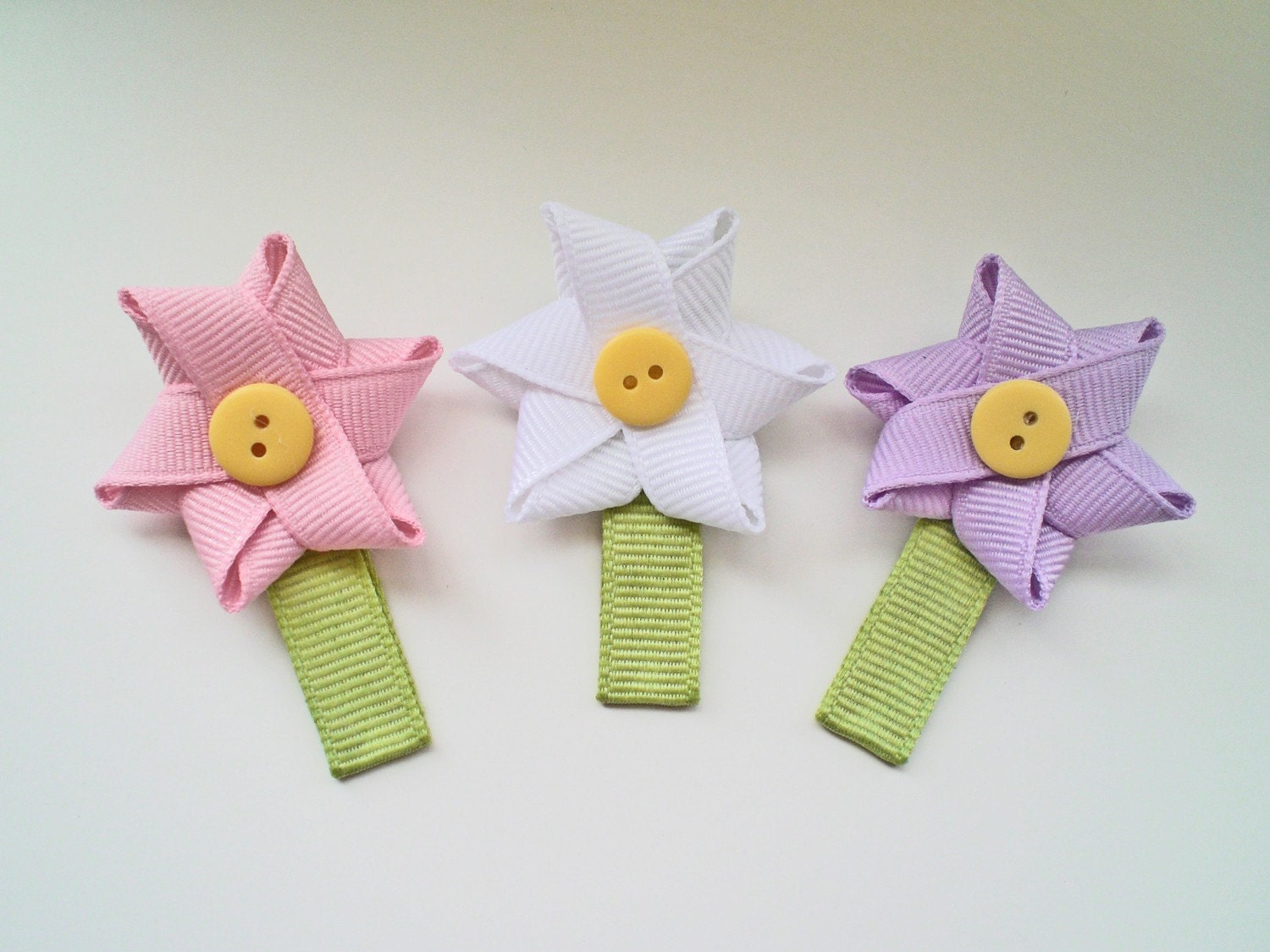 White, Light Pink, and Lavender Ribbon Flower Hair Clip Set... Free Shipping Promo
