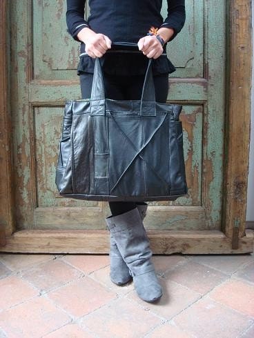 Eco Friendly Eco Fashion Vintage Black Italian leather Jacket handmade and recreated into  Casey,  Laptop Carrier, Overnight bag,  XL purse     Casey   Vintage Leather