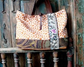 Handmade Leather and Floral Fabric Tote or Purse with Vintage Embroidered Trim