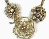 Vintage Inspired, Flower Necklace, Rhinestone Pearl, Upcycled Jewelry