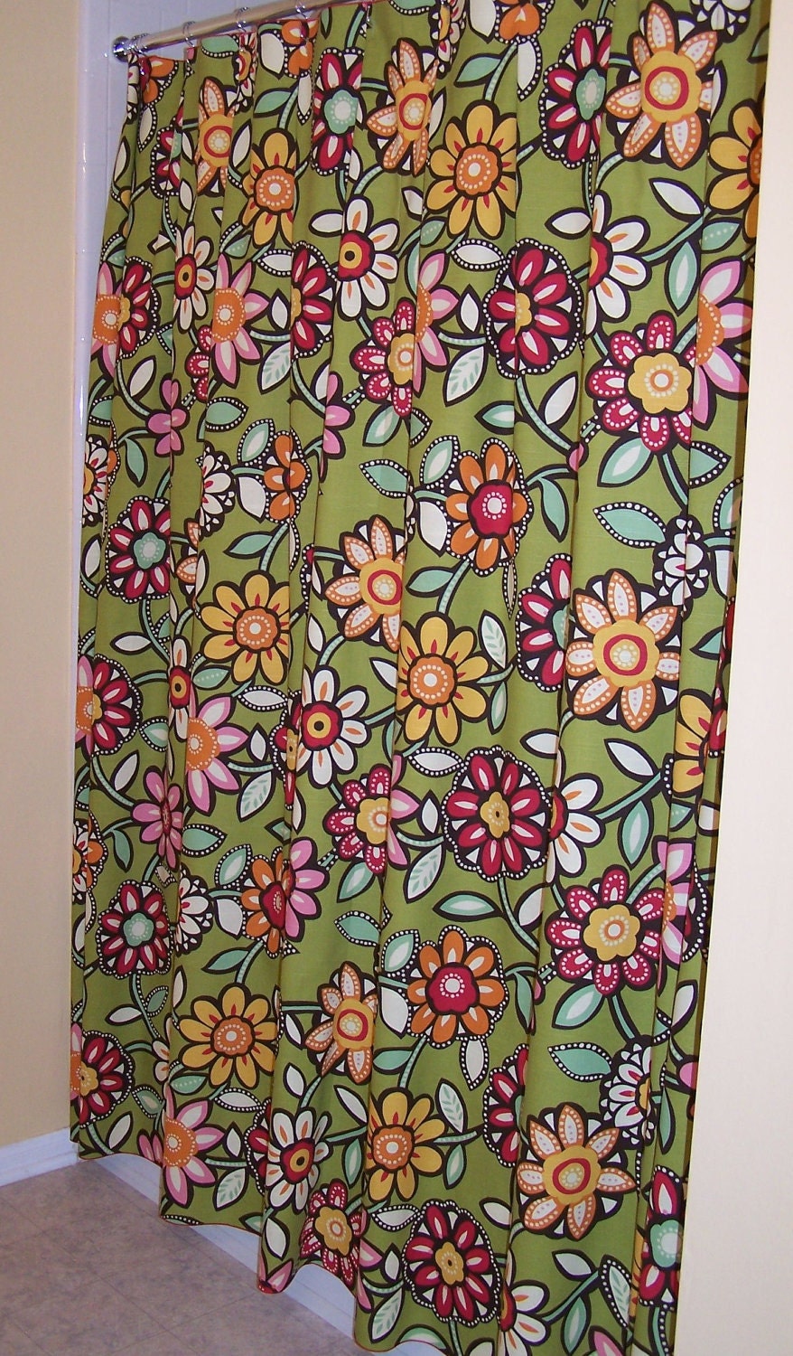 Green Pink Yellow Orange Flowered Shower Curtain Extra Long ABSOLUTELY GROOVEY