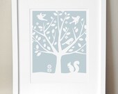 Nursery Art Print - CUSTOM COLOR - Peaceful Tree, Squirrel 11x14