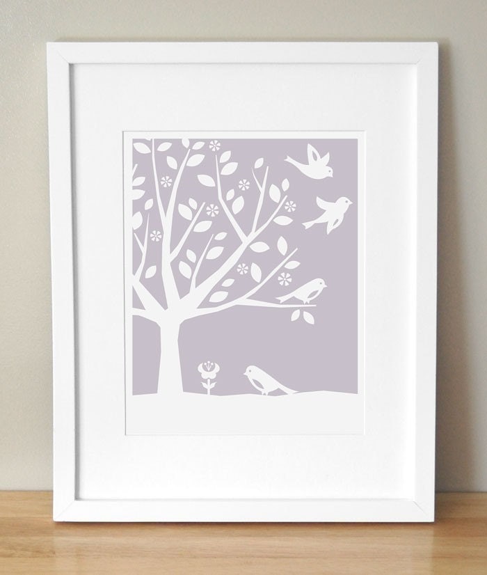 Nursery Art Print - CUSTOM COLOR - Peaceful Tree, Birds 8x10