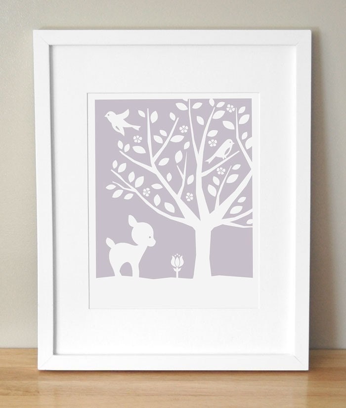 Nursery Art Print - CUSTOM COLOR - Peaceful Tree, Deer 8x10
