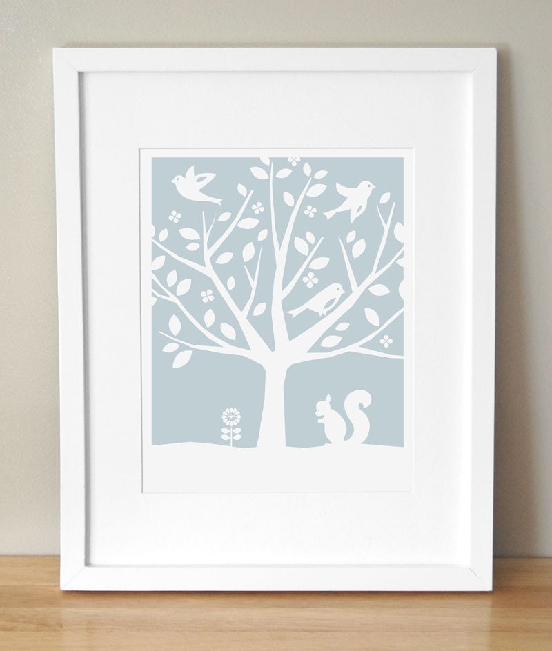 Nursery Art Print - CUSTOM COLOR - Peaceful Tree, Squirrel 11x14