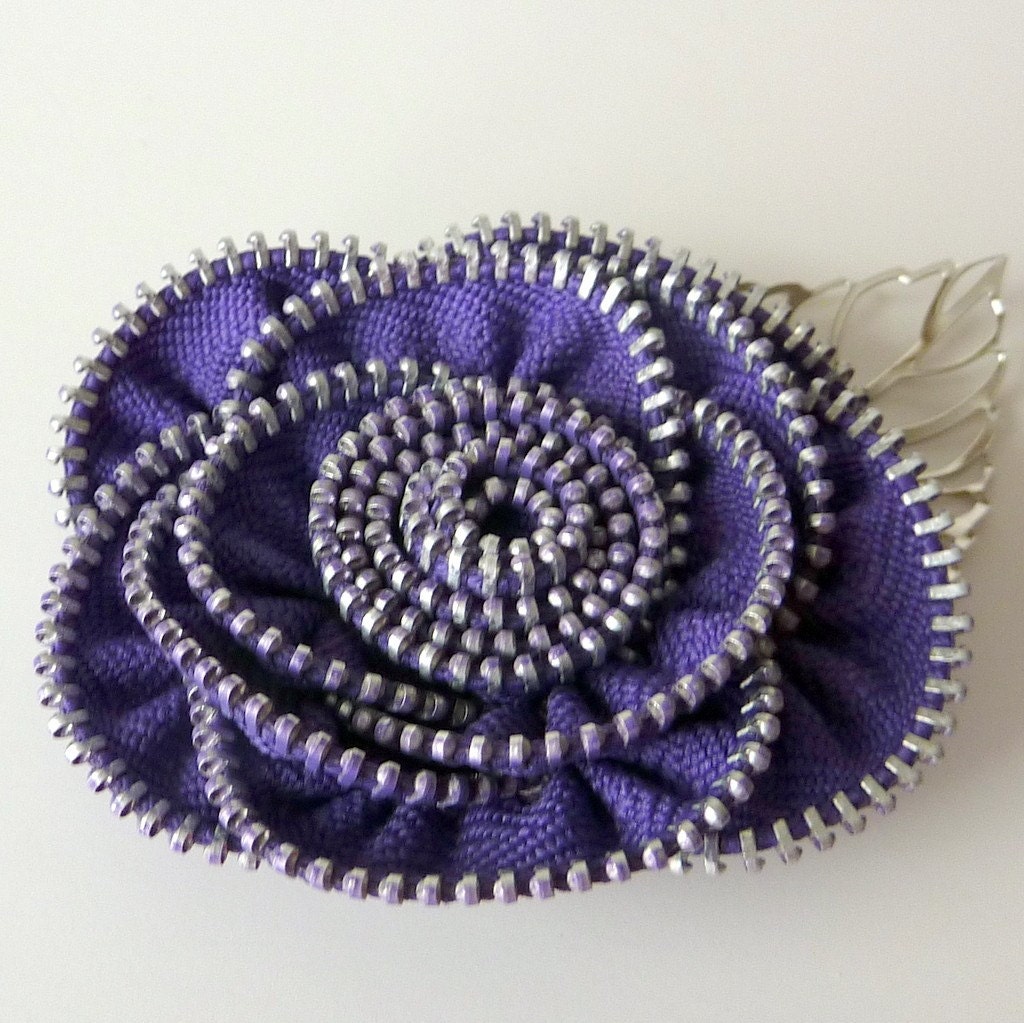 Purple Zipper Rose Brooch Hairclip-All Colors Available-Handmade for Women by Jill's Boutique