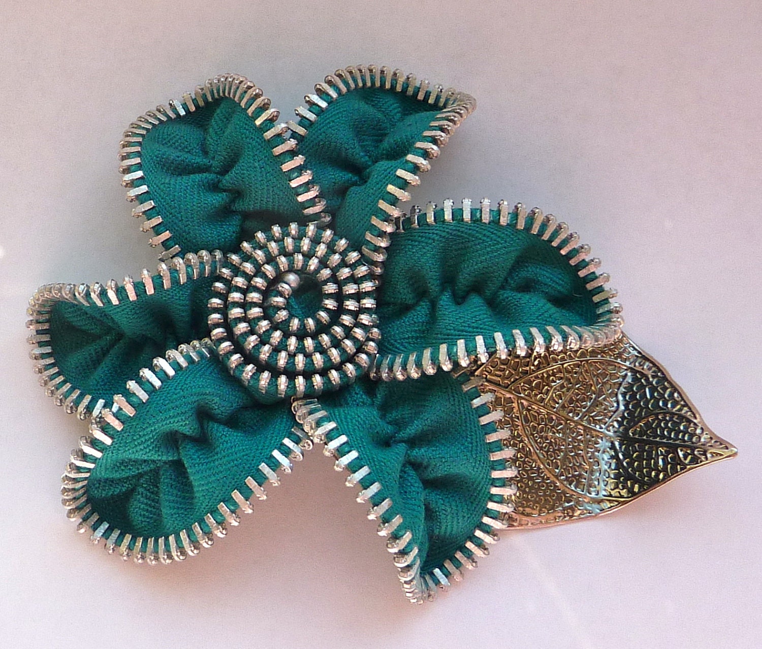 Zipper Rose Pin Teal Green and Silver Brooch Hairclip Handmade for Women by Jill's Boutique