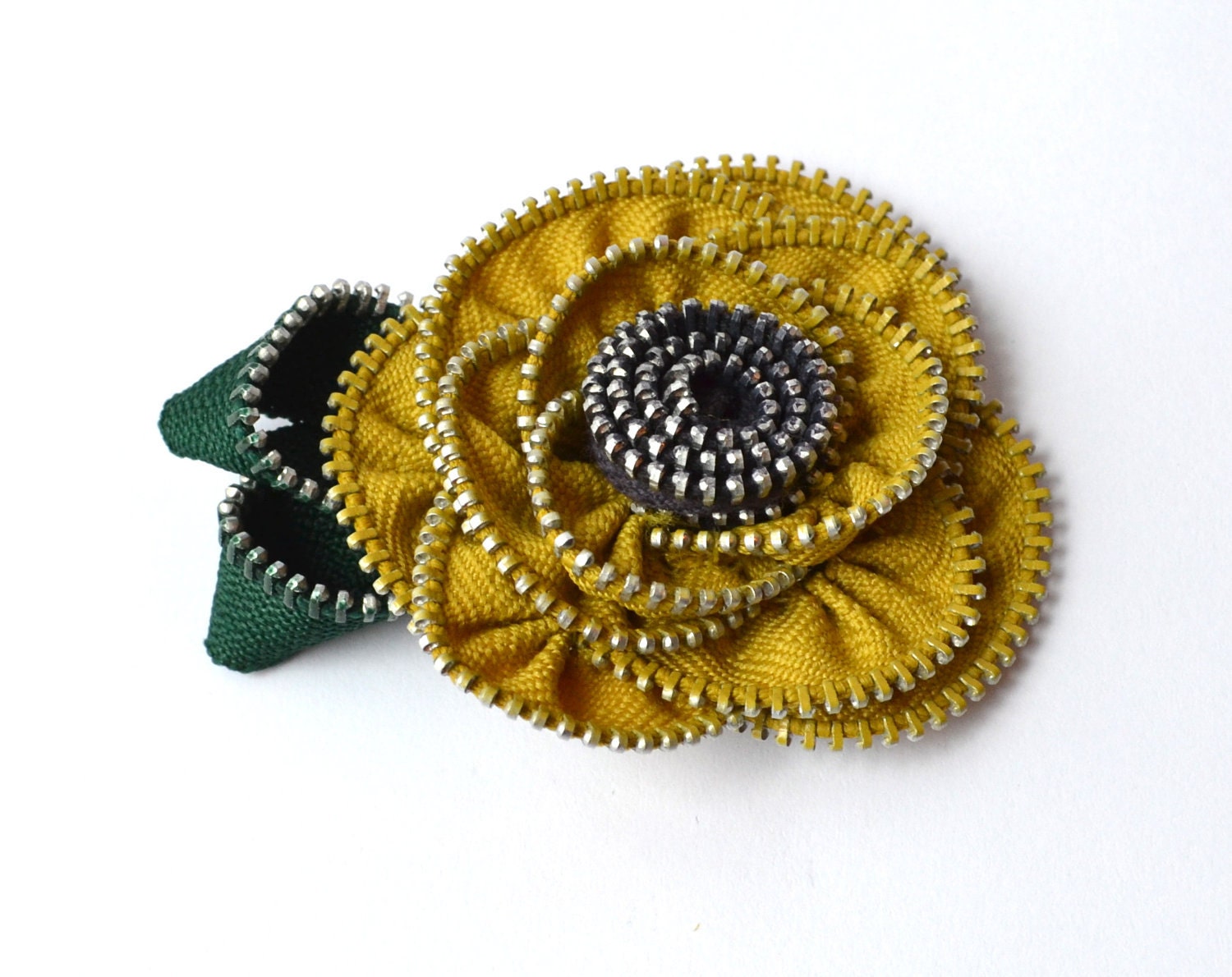 Zipper Rose Pin Yellow Ochre Mustard Brooch Hairclip Handmade for Women by Jill's Boutique
