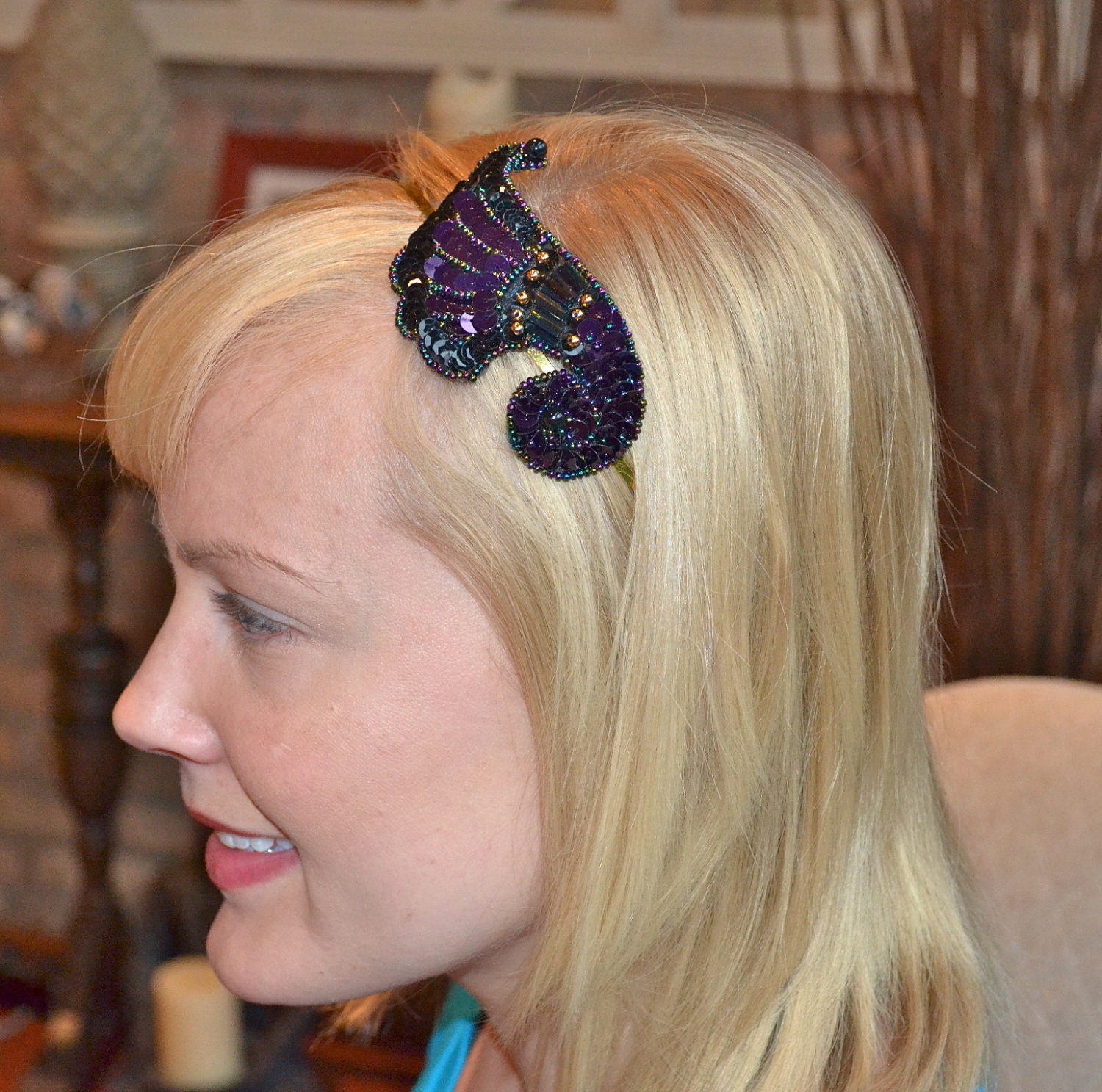 Sale-Purple Black Sequin Headband Sparkling Beaded French Horn for Women and Teens by Jill's Boutique
