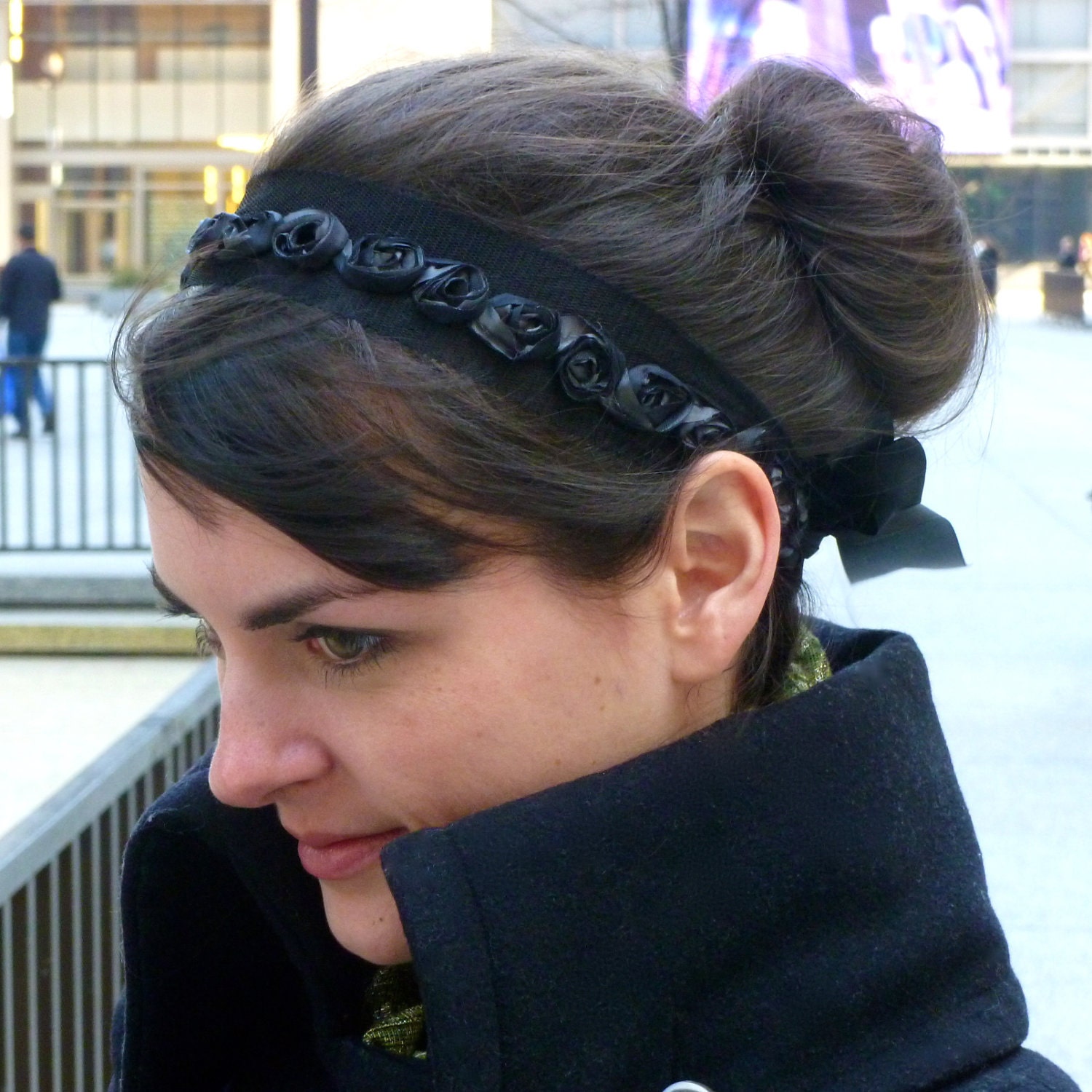 Shabby Chic Headband, Black Cabbage Roses on Black Tulle Headband for Women and Teens by Jill's Boutique