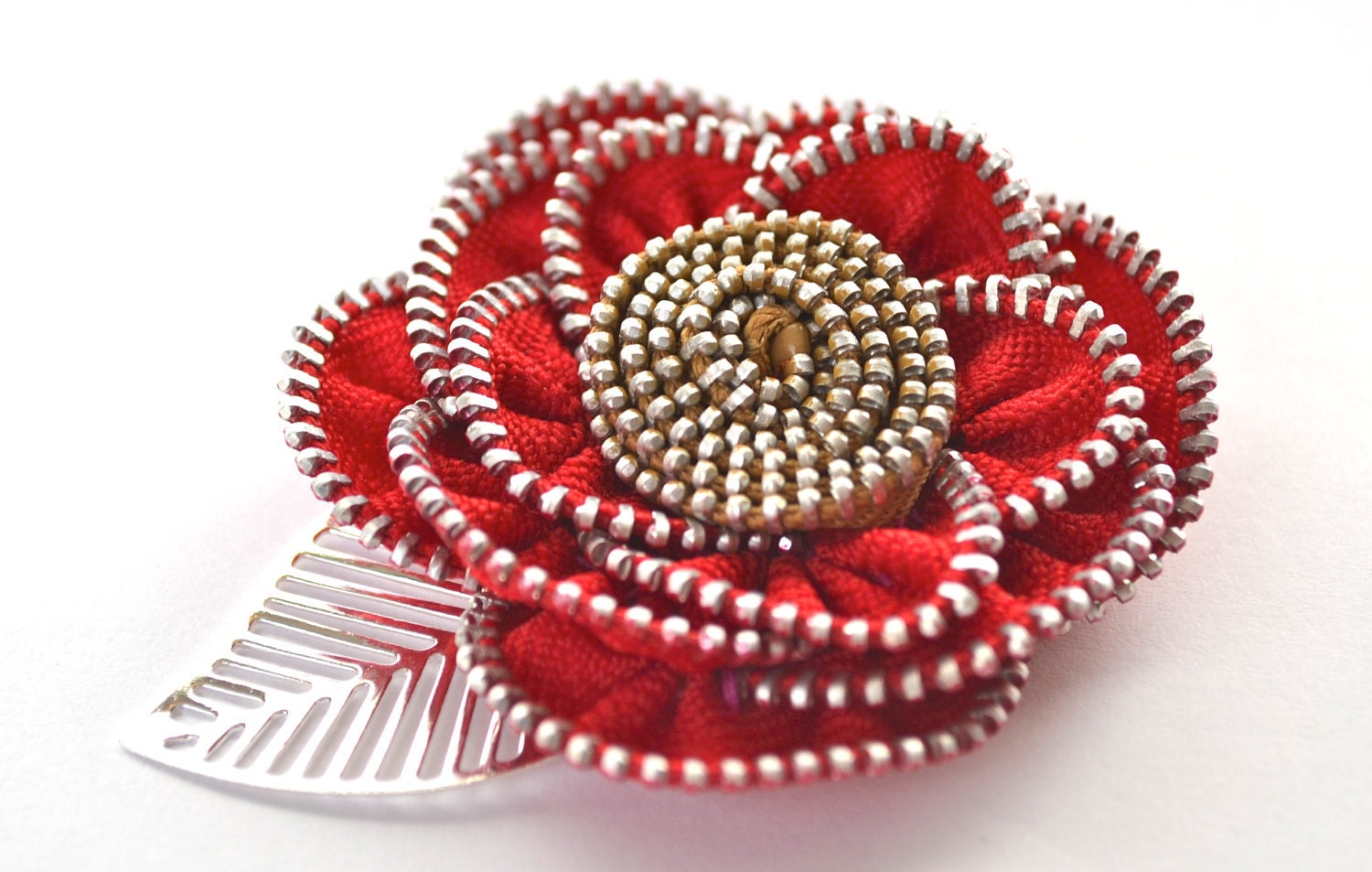 Zipper Rose Pin Cherry Red and Yellow Ochre Brooch Pin Hairclip for Women by Jill's Boutique