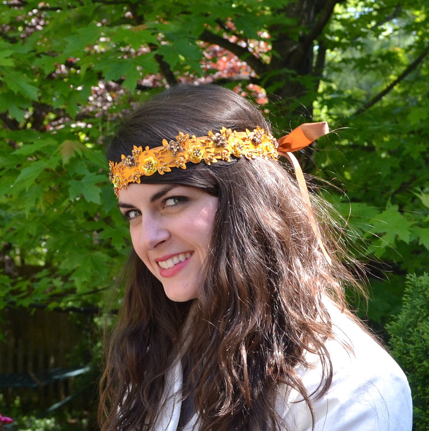 Beaded Headband, Gold Yellow Ochre Satin Bohemian Headband with Gold Sequins and Gold Beads  for Women and Teens Handmade by Jill's Boutique