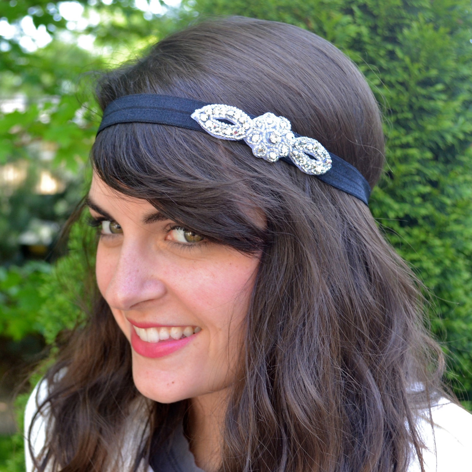 Sparkly Navy Blue or Black Headband, Tiny rhinestone flower headband for women and teens by Jill's Boutique on Etsy
