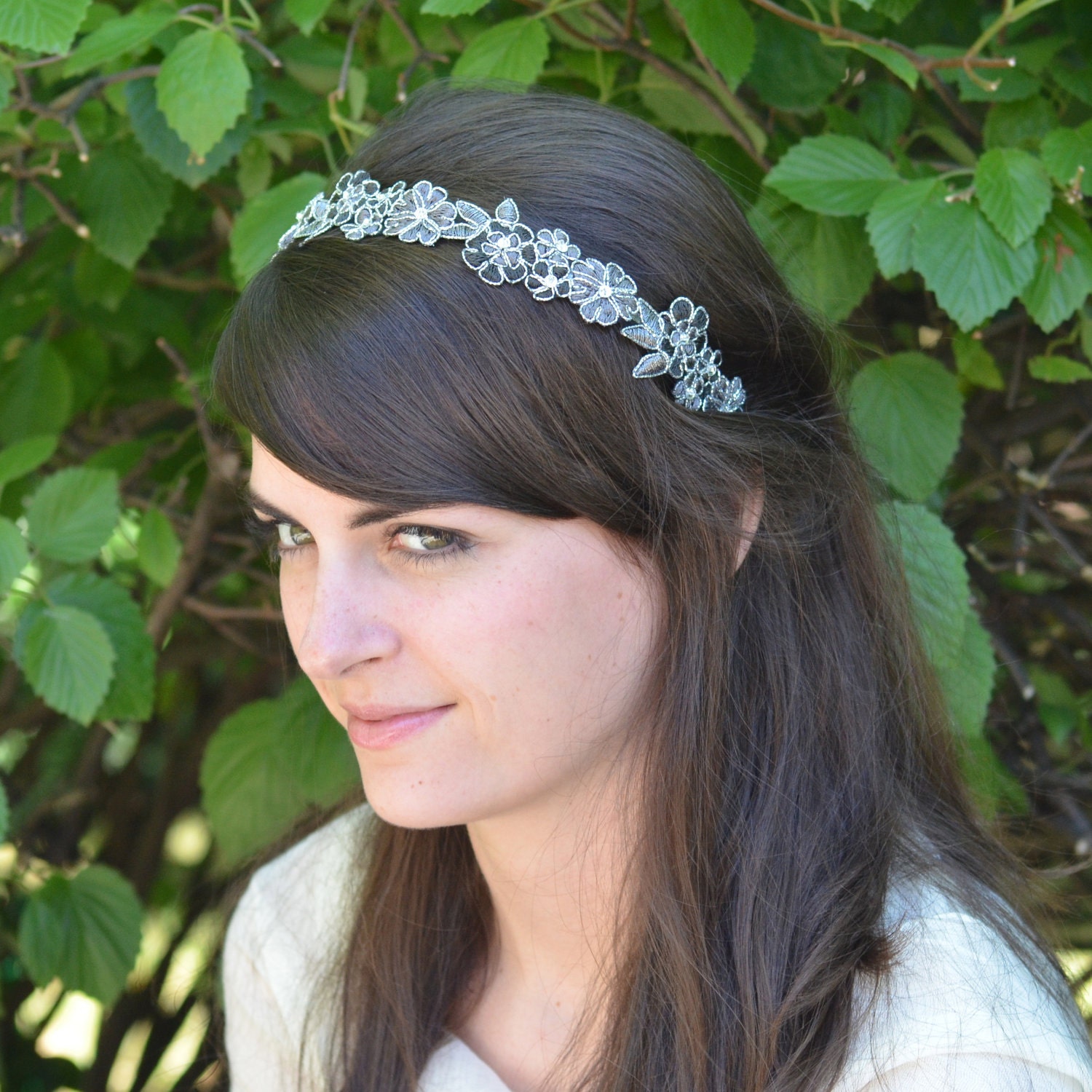 Gray Silver Headband Metallic Beaded Flower Boho Headband Handmade for Women and Teens by Jill's Boutique