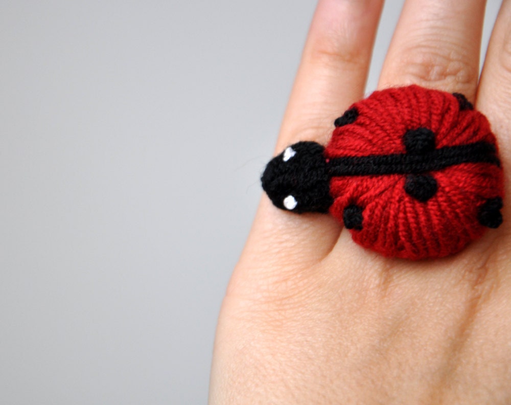 Crochet Dark Red Ladybug Ring for women teengirls children