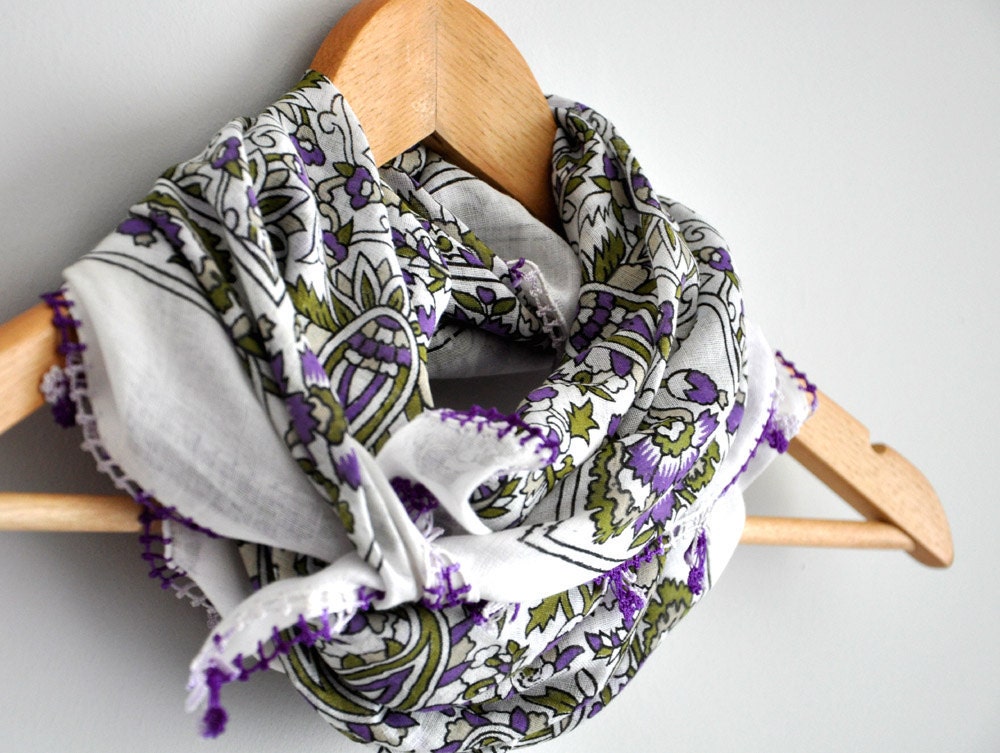 Turkish Cotton Scarf with oya, lacework, purple, white, floral, cowl