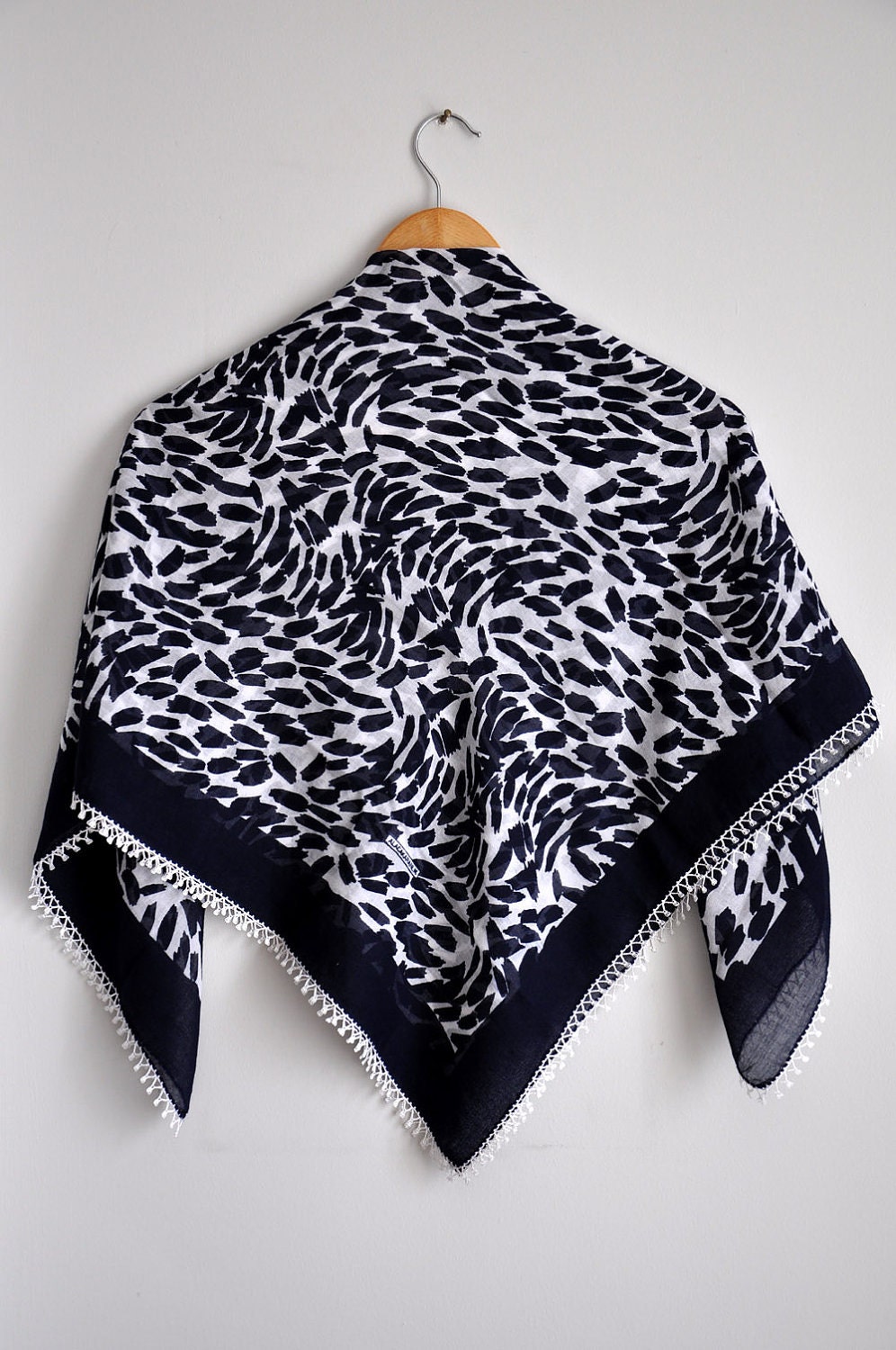 Navy Blue Floral Fabric Scarf with lace, lacework, oya - Cotton neckwarmer, cowl, necktie