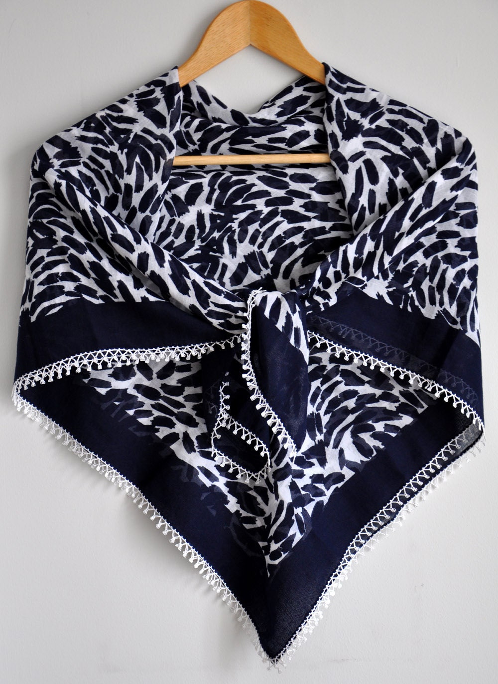 Navy Blue Floral Fabric Scarf with lace, lacework, oya - Cotton neckwarmer, cowl, necktie