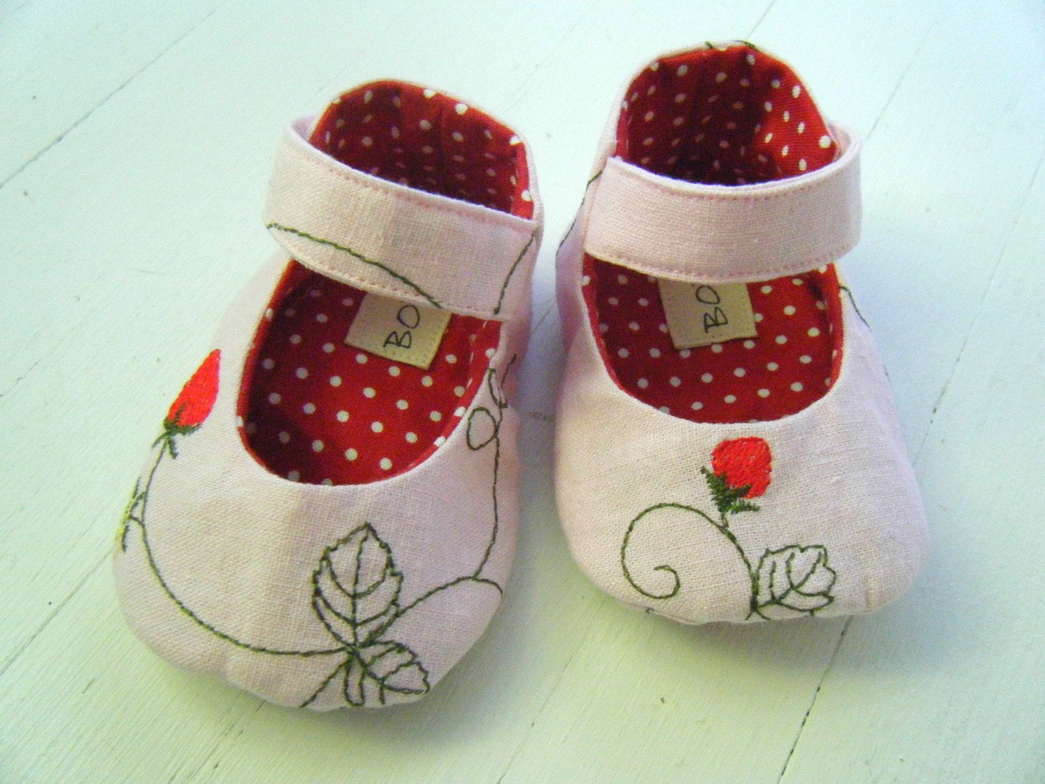 Strawberry Mary Janes, Baby Girl Shoes, Pink Linen Booties, Toddler Shoes, Bobka Shoes by BobkaBaby